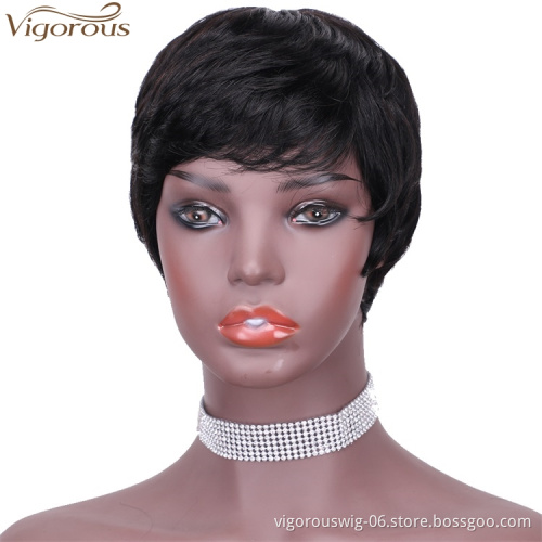 Vigorous Women Human Hair Wig Bob Hair Cut Pixie Side Part Black Fluffy  Human hair Wig Daily Use For Women